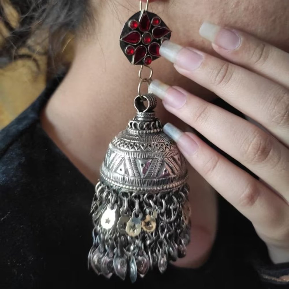 Vintage Afghan Jhumka Earrings: Pink Glass, Boho Tribal Jewelry